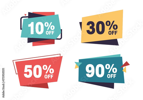 Four sale stickers featuring 10 30 50 and 90 discounts are displayed on a white background