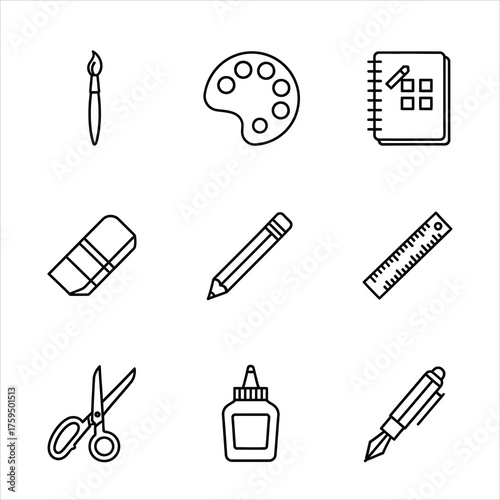 Set of nine outline icons representing various art and craft supplies.