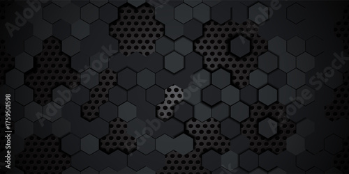 Black perforated metal plate. Metal grill. Black metal texture steel background. Perforated sheet metal.Abstract dark gray circle mesh pattern background texture.