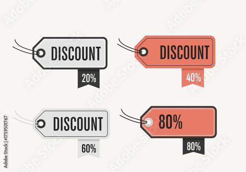 Four tags show DISCOUNT with percentages 20 40 60 80 displayed in shades of white and red