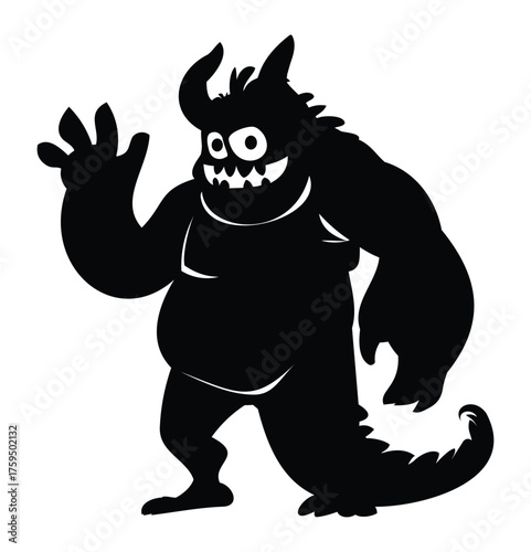 Big, strong, waving black silhouette of a scary monster beast with a tail, horns, and a wide mouth full of teeth. Vector cartoon illustration