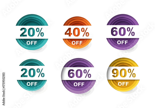 Six layered papercut style discount stickers with 20 40 60 and 90 off promotions on a white background