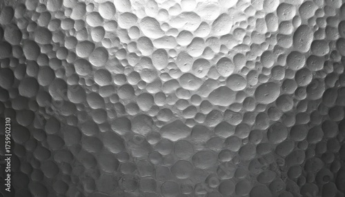 Close-up hammered metal surface shows textured pattern. Raised bumps, dimples create unique design element. Metallic sheen reflects light, grey silver gradient across abstract background. Rough