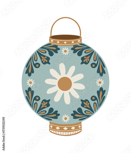 Retro 1970s vector illustration of a Christmas ornament lantern with mint green background, white daisies, brown handle, teal acanthus leaves, and geometric decorative patterns