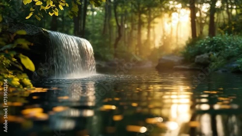 A serene forest waterfall cascades into a reflective pond with golden sunlight