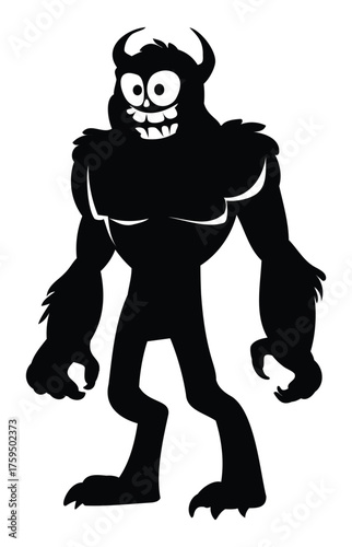 Furry, muscular black silhouette of a scary monster beast with small horns, big eyes, and a wide toothy grin. Vector cartoon illustration