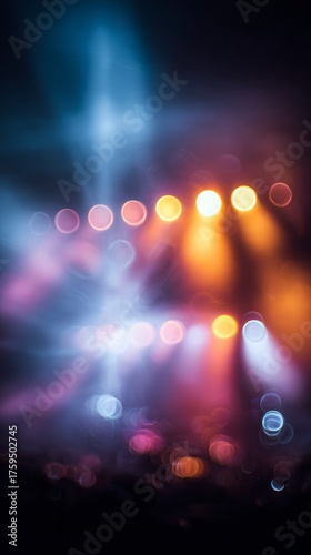 Vibrant stage lighting with beams of color shining through the concert crowd.
