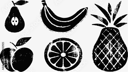 Rustic fruit medley drawing in black and white offers a vintage, artistic touch for healthy food themes