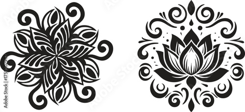 Two blossoming mandalas represent spiritual harmony each a symmetrical meditation in bold monochrome