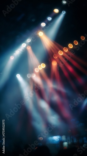 Vibrant stage lighting with beams of color shining through the concert crowd.