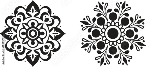 Two ornate flower mandalas flourishing a design to inspire creativity in bold black and white