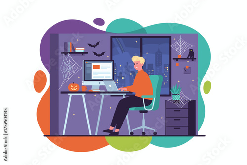 Man working late at home office decorated for Halloween Remote work festive holiday season