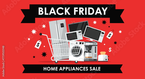 Black Friday home appliances sale graphic Shopping cart filled with electronics and kitchen gadgets
