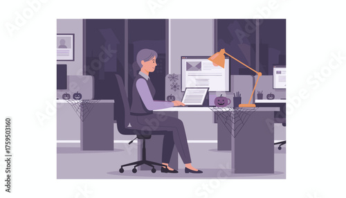 A woman happily working on a laptop in a modern office decorated for Halloween Business and holiday celebration concept