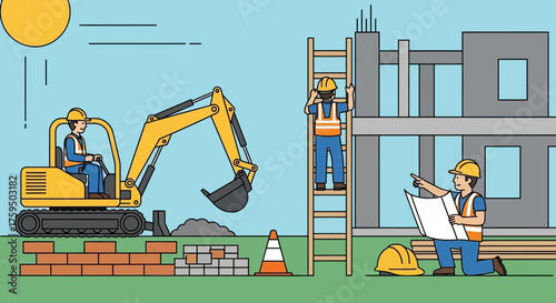 Construction workers developing a new building structure on a sunny day showcasing teamwork
