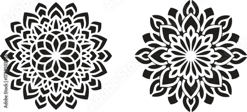 Evoking peace with two ornate floral mandalas symbols of harmony and meditation in striking black