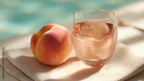 Peach and a glass of pink drink on a towel by a poolside.