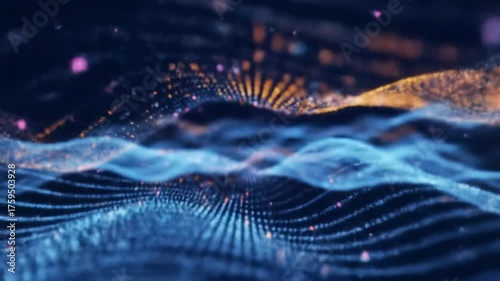 Smooth tracking video through dark digital void with vibrant blue data streams and swirling orange/fuchsia light particles. Futuristic tech flow concept