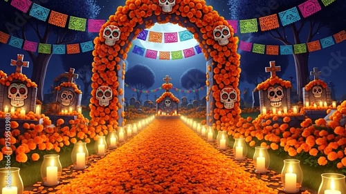 Day of the Dead path: orange petals, candles, Mexican tradition unfolds