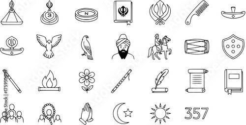 Sikhism Icons Set. Collection of Line Art Symbols Representing Sikh Culture, Faith, Gurus, and Practices. Religious Vector Graphics.