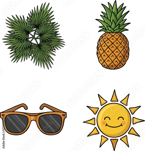 Summer vacation essentials with palm leaves pineapple sunglasses and happy sun.
