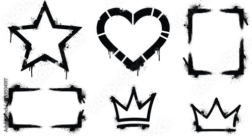 A collection of stencilstyle shapes isolated on white background, including a star, heart, rectangle, and crown, all with a spraypainted texture for a street art or urban aesthetic