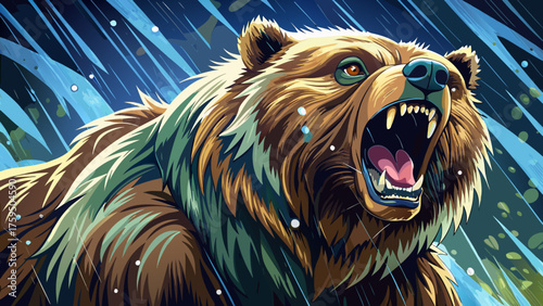 Very beautiful close-up of a powerful Alaskan grizzly bear shaking off a heavy downpour, droplets scattering in every direction, capturing raw strength, motion, and wilderness energy in the rain.