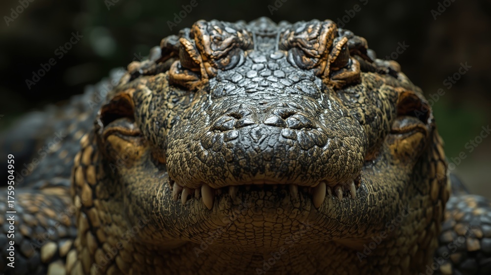 Obraz premium Headon portrait of a cuviers dwarf caiman showing small teeth, perfect for wildlife blogs, educational materials, and reptilethemed designs.