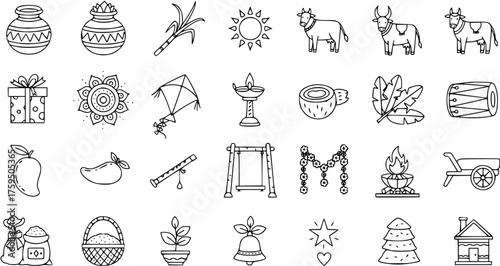 Traditional Indian Harvest Festival Outline Icons Set: Pongal, Lohri, Sankranti, Onam Elements Doodle Vector Graphics