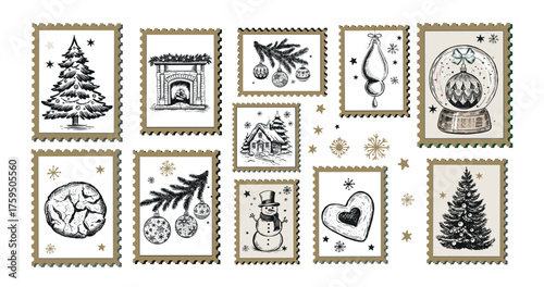 Hand-Drawn Christmas Festive Stamps Collection	
