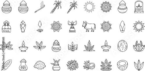 Pongal Harvest Festival Line Icons Set: Traditional South Indian Cultural Elements, Food, and Celebrations