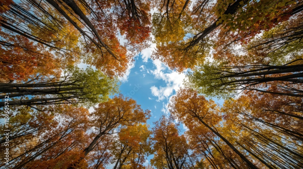 Obraz premium Fall leaves in forest canopy against blue sky, perfect for autumnthemed designs, nature concepts, and seasonal content.