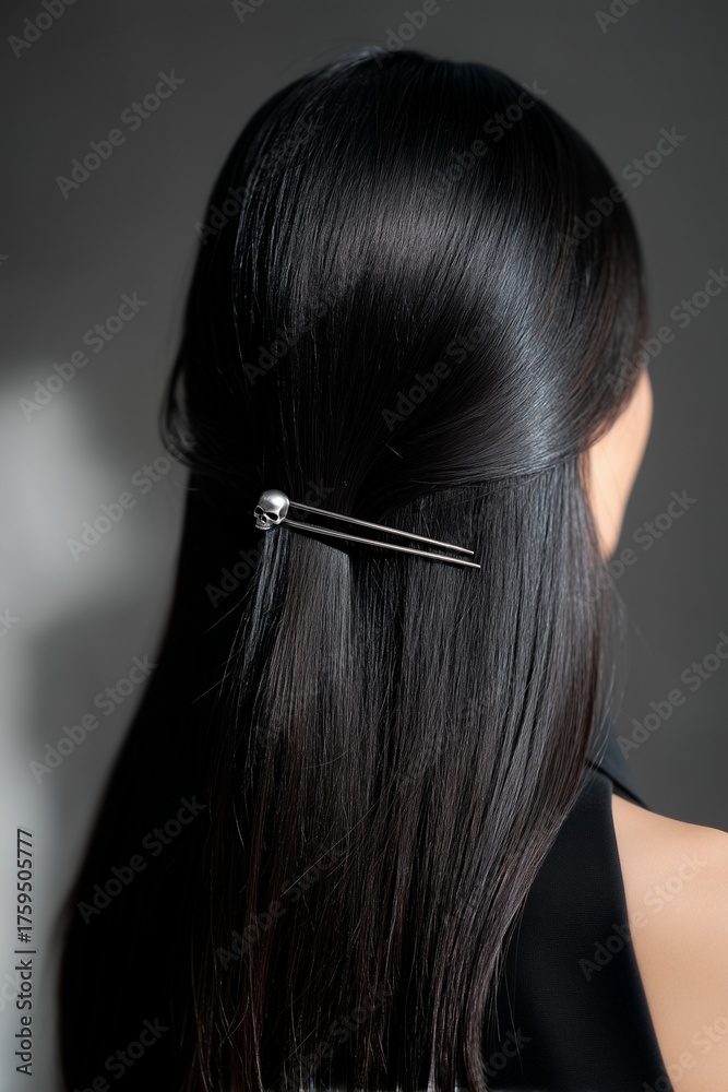 Obraz premium Woman's long straight dark hair styled with an elegant silver hair clip with skull