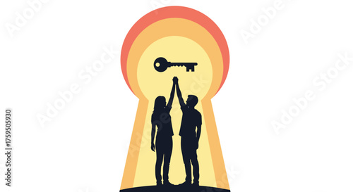 Joyful couple holding a giant key together against a sunset keyhole background with copy space. First apartment keys
