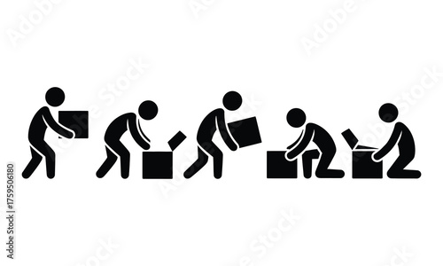 Stick figures demonstrating safe lifting techniques for boxes sequential steps silhouette