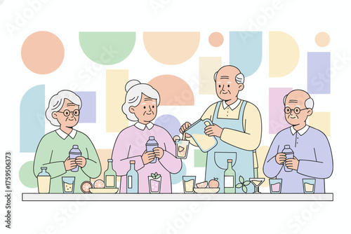 Elderly friends joyfully mixing cocktails at a bar depicting active senior lifestyle and leisure
