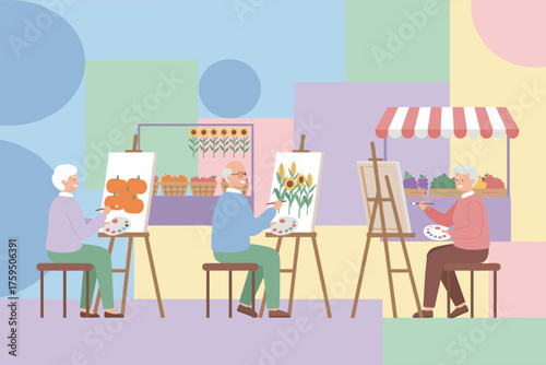 Elderly people enjoying painting class with still life promoting creative hobbies and active senior lifestyle