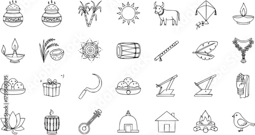 Pongal Harvest Festival Line Icons Set: Traditional Indian Celebration Symbols, including Sun, Cow, Pot, Sugarcane, Diya, and Cultural Elements. Agriculture and Culture Collection.