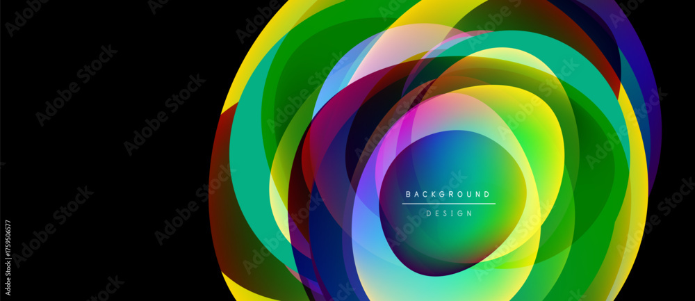 Fototapeta premium Abstract colorful layers create dynamic oval shape. Bright hues blend, forming modern background design. Text reads background design.
