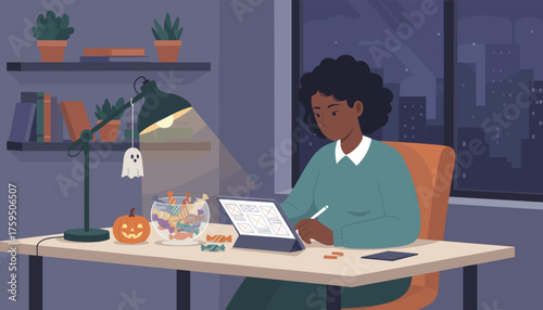 Focused woman designs on tablet in her home office with Halloween decor city lights at night
