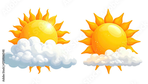 Bright sun peeks behind fluffy clouds, cartoon style