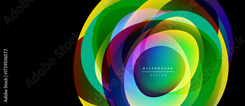 Abstract colorful layers create dynamic oval shape. Bright hues blend, forming modern background design. Text reads background design.