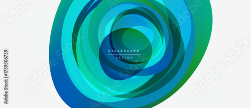 Abstract spiral design. Blue, green hues create dynamic circular layers. Minimalist style with text overlay. Modern background element.