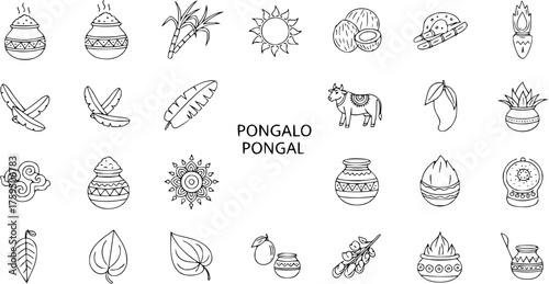 Pongal Festival Line Art Icons Set