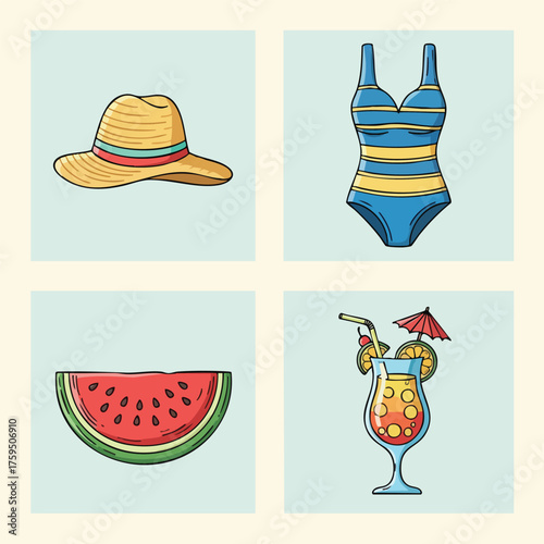 Summer essentials hat swimsuit watermelon and cocktail for vacation fun.
