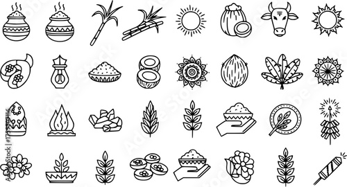 Indian Harvest Festival Line Art Icon Set. Traditional Pongal  Makar Sankranti Symbols including Sugarcane, Sun, Cow, Fire, Food,  Celebration Elements Vector.