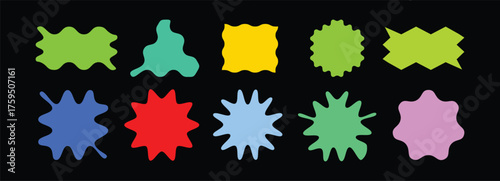 Abstract Set of Ten Wavy and Jagged Edge Shapes in Bright Colors on Black Background for Modern Graphic Design Elements