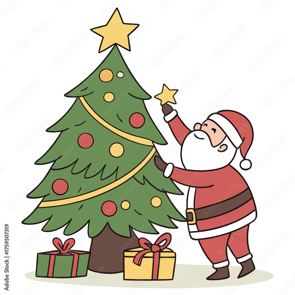 Fototapeta premium santa claus and christmas tree with gifts