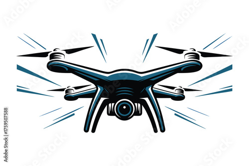 Stylized Quadcopter Drone with Camera, Retro-Style Flying Drone Illustration, Blue and White Modern Drone Graphic, illustration, vector.