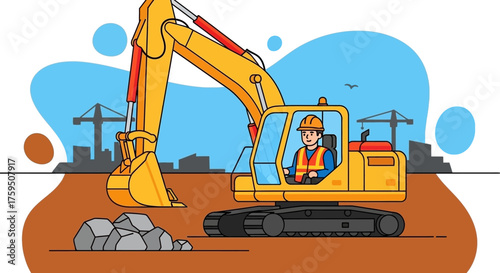 Construction worker operating a yellow excavator on a building site symbolizing development and industry